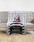 Personalized pet blanket with a Weimaraner dog in a mugshot-style portrait, wearing a striped uniform.