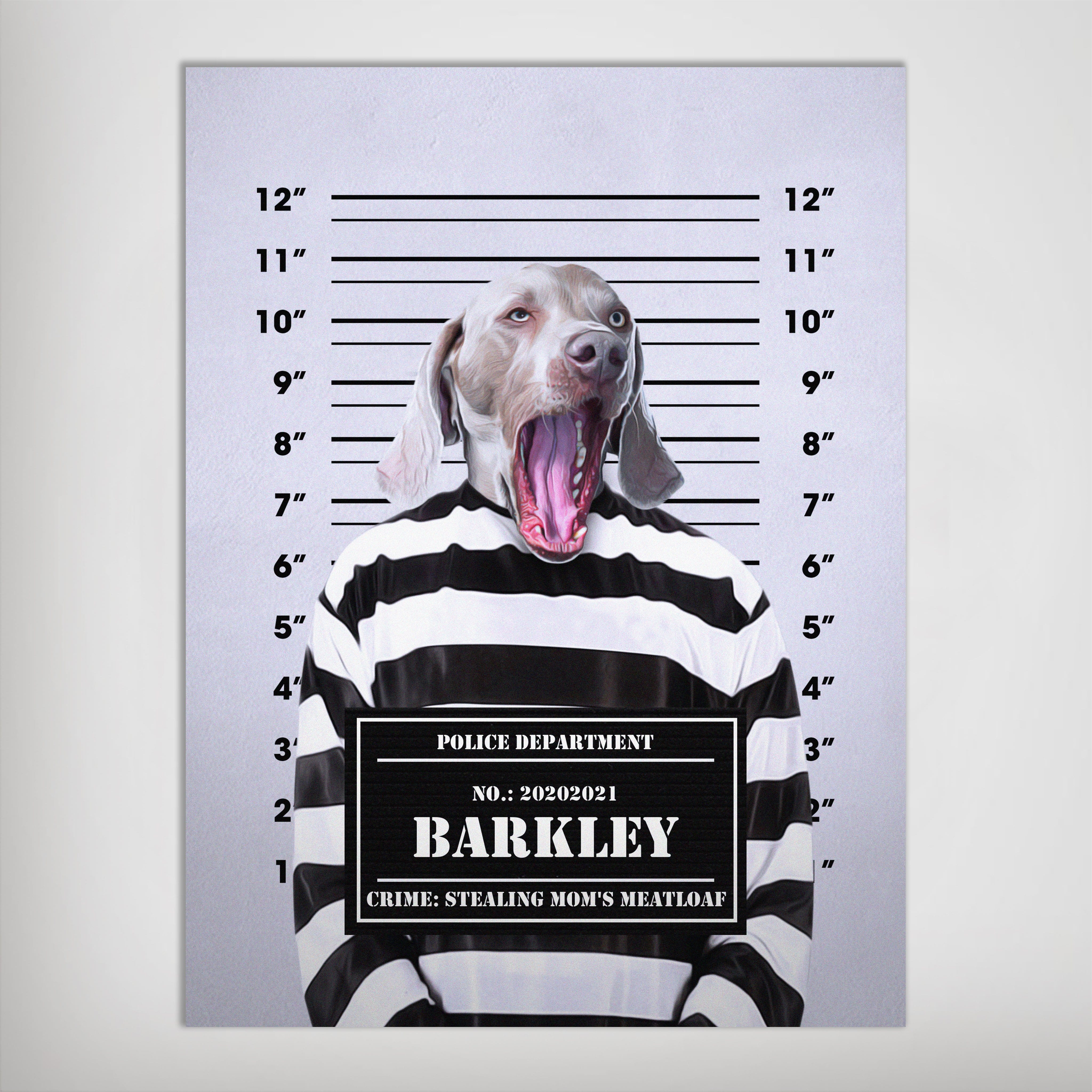 Personalized "Guilty Doggo" poster featuring a Weimaraner in a striped prison uniform against a mugshot backdrop.
