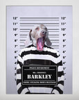 Personalized "Guilty Doggo" poster featuring a Weimaraner in a striped prison uniform against a mugshot backdrop.