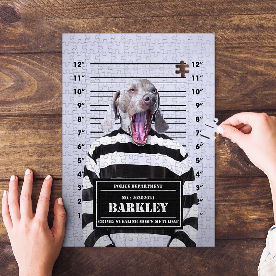 Personalized pet puzzle featuring a Weimaraner dog in a "guilty doggo" mugshot style.