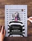 Personalized pet puzzle featuring a Weimaraner dog in a "guilty doggo" mugshot style.