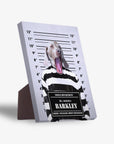 Personalized "Guilty Doggo" standing canvas featuring a Weimaraner in a striped prison uniform against a mugshot backdrop.