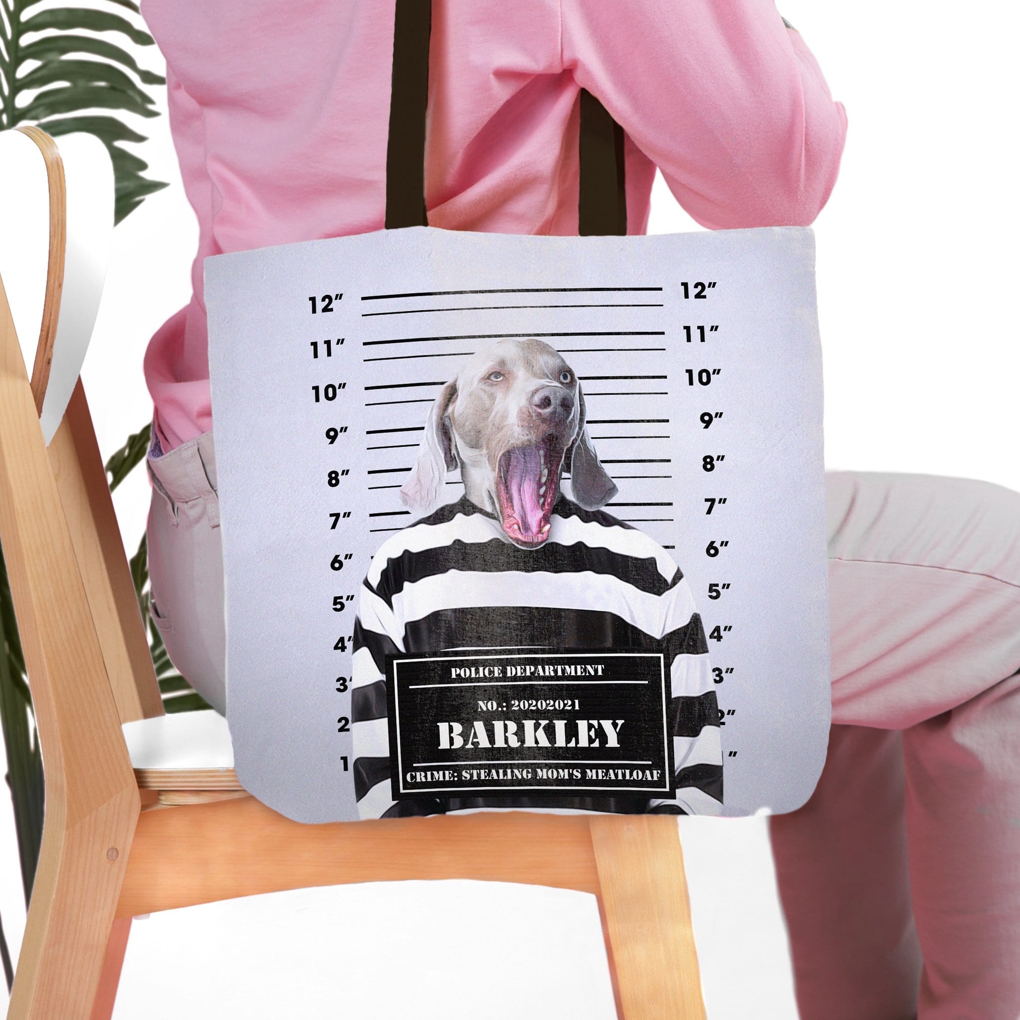 Personalized "Guilty Doggo" tote bag featuring a custom pet portrait of a Weimaraner in a mugshot style.