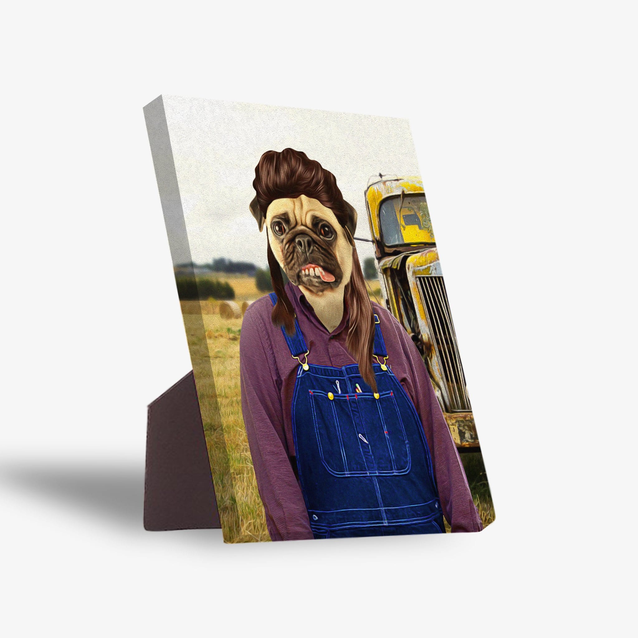 Personalized 'The Hillbilly' standing canvas featuring a pug's head on a farmer's body in blue overalls.