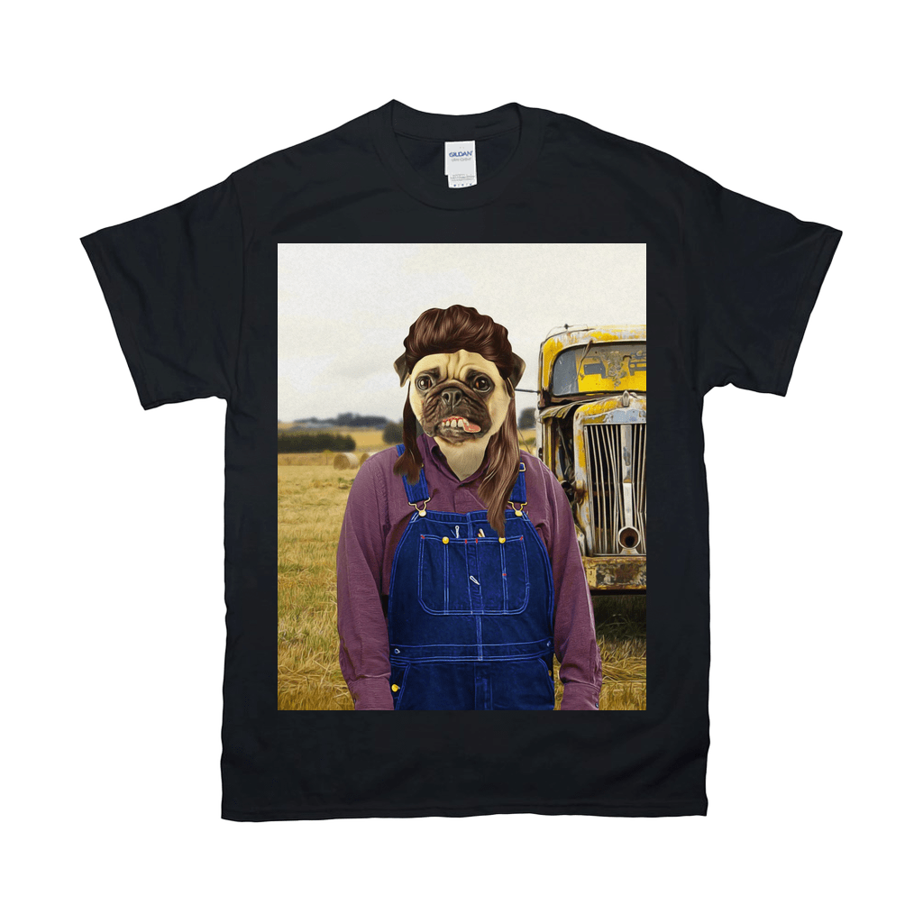 Black Gildan t-shirt featuring a pug in overalls and a wig, standing in a field with a yellow truck.
