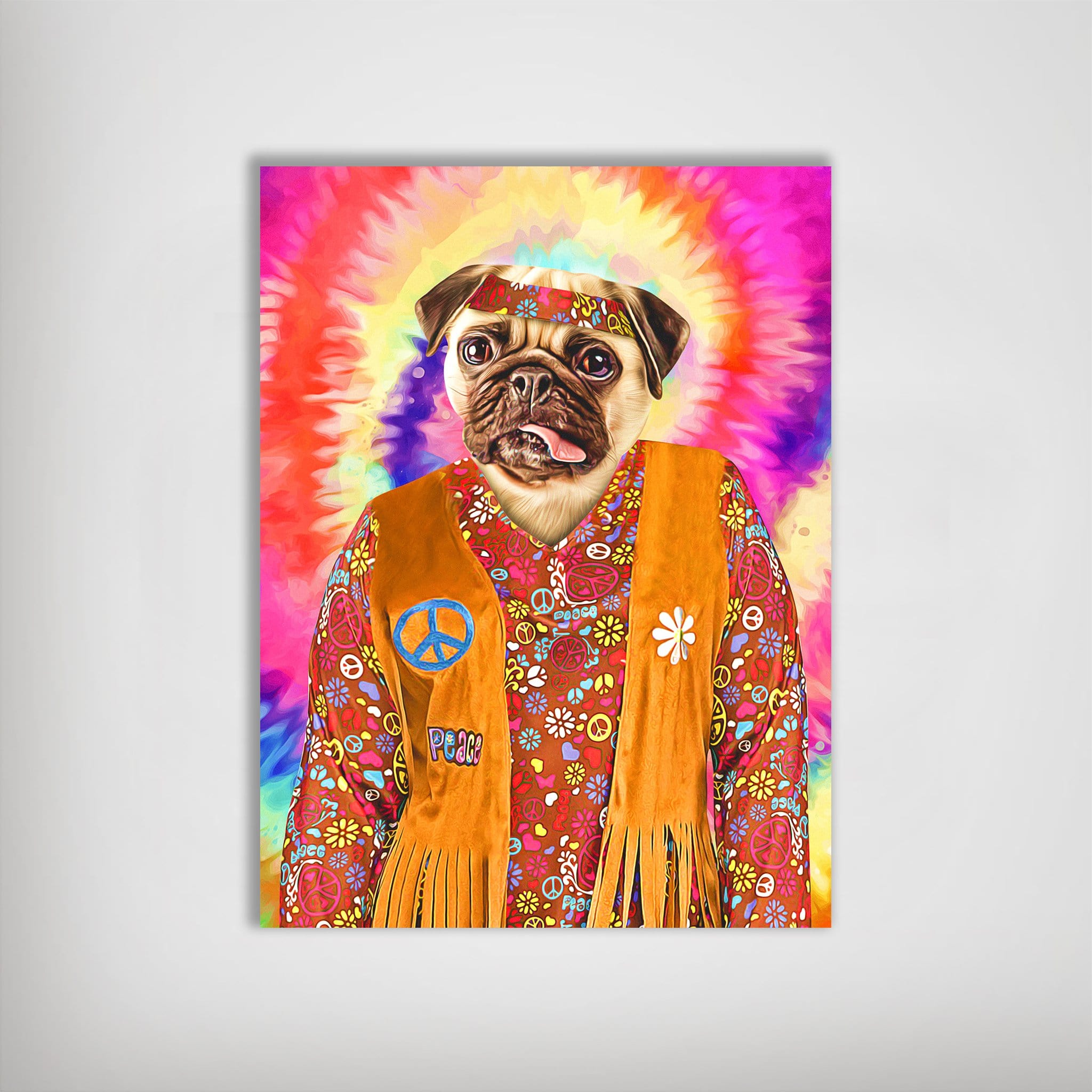 Personalized pug dog portrait in a vibrant tie-dye background, wearing a fringed orange vest and floral hippie shirt.