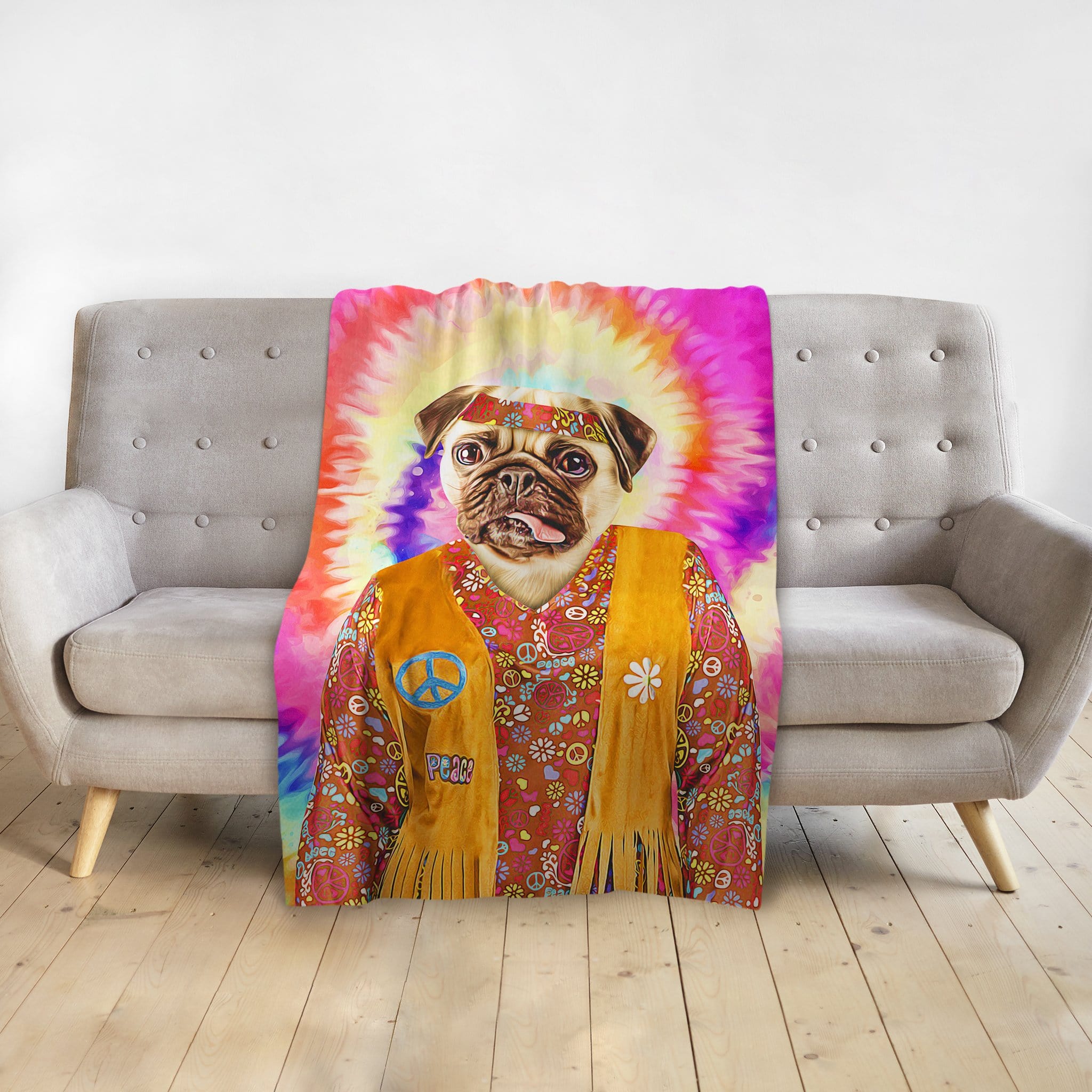 Custom pet blanket with a pug in a "Hippie" renaissance portrait style, featuring a tie-dye background.