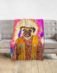 Custom pet blanket with a pug in a "Hippie" renaissance portrait style, featuring a tie-dye background.
