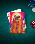 Personalized playing card featuring a pug in a "Hippie (Female)" costume with a tie-dye background on a green felt table.
