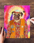 Personalized pet puzzle featuring a pug in a 'Hippie (Female)' outfit against a tie-dye background.