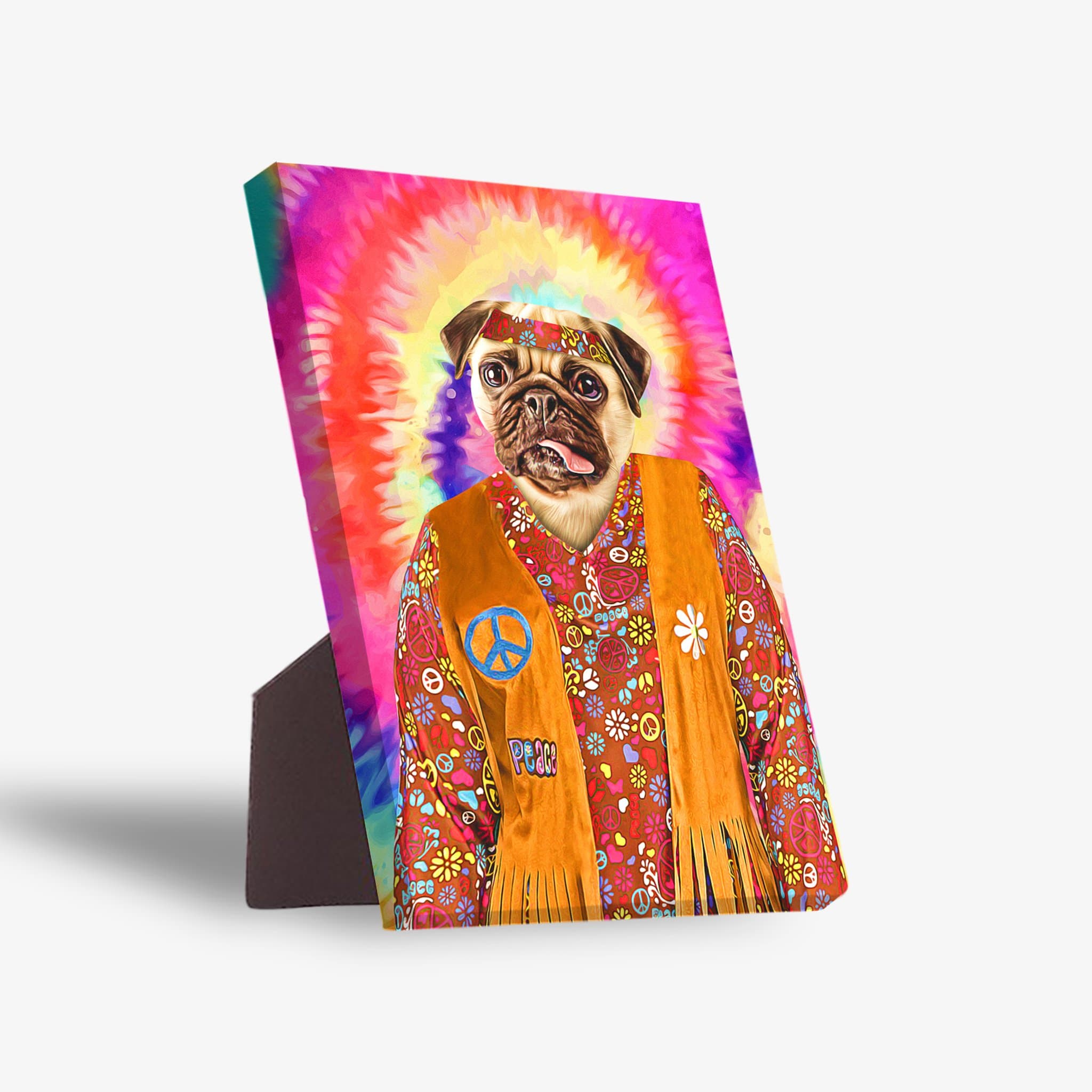 Pug pet portrait on standing canvas, dressed as a hippie with tie-dye background, orange vest, and peace signs.