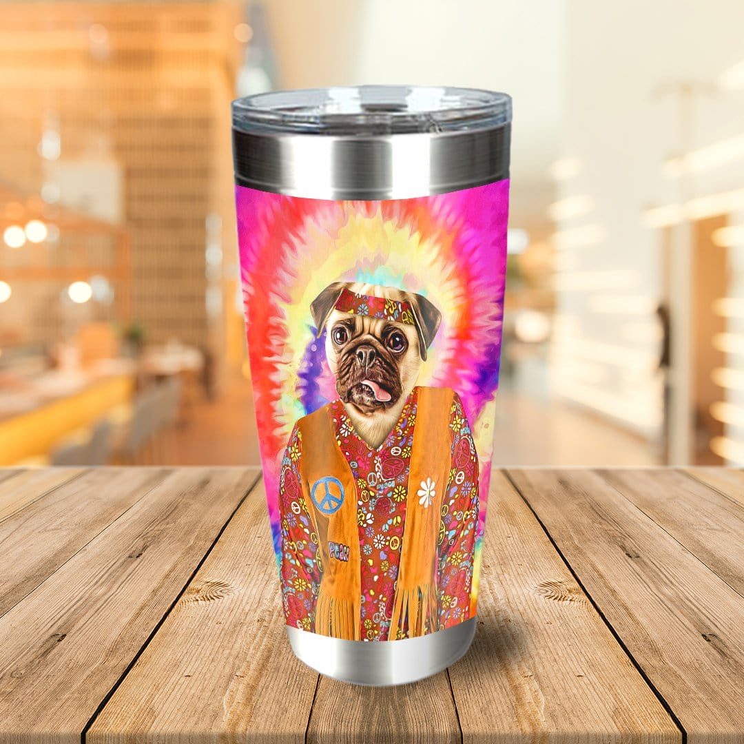 Personalized stainless steel tumbler with a pug pet portrait in a "Hippie" costume on a tie-dye background.