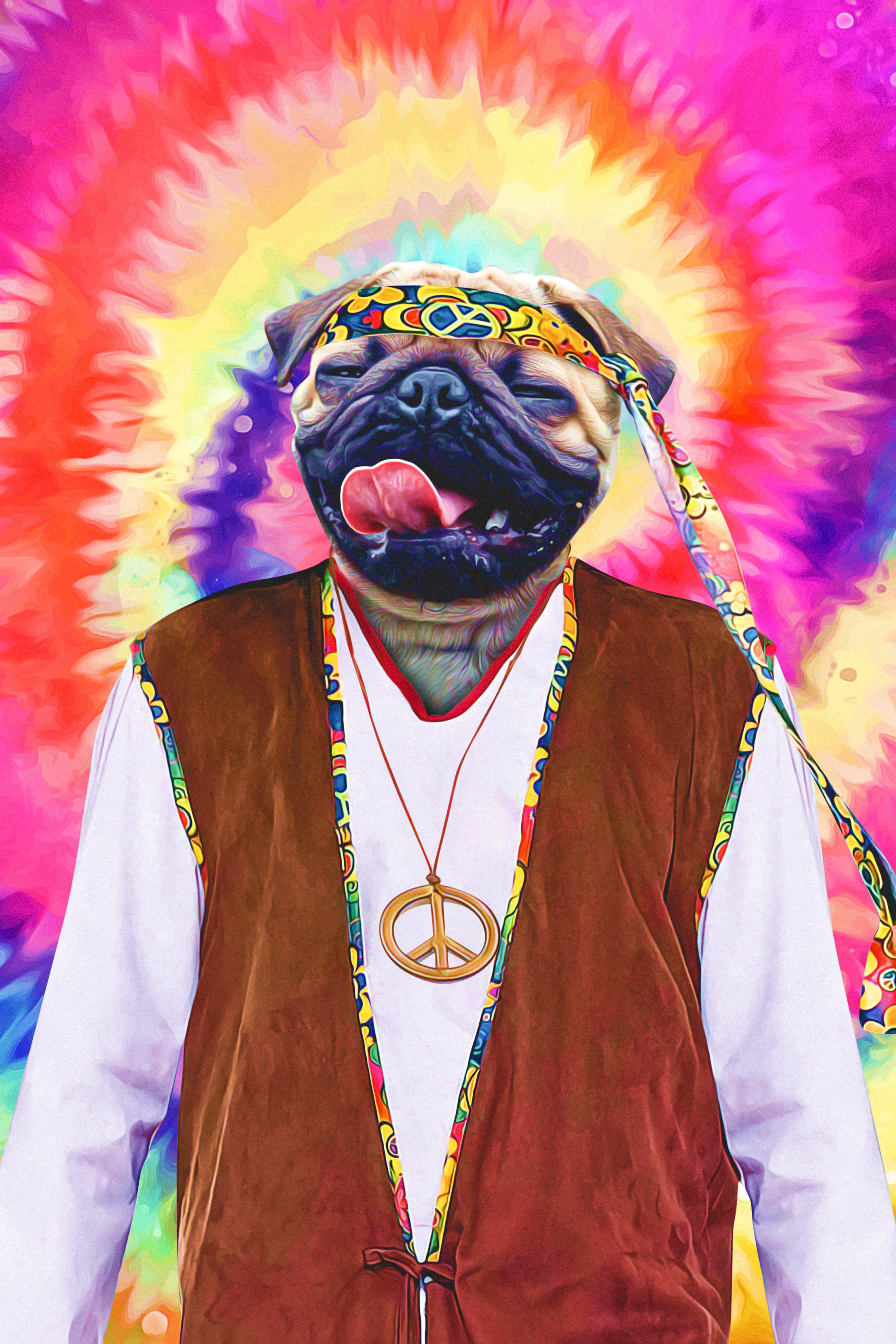 Personalized digital portrait of a pug dressed as a hippie, with a tie-dye background.