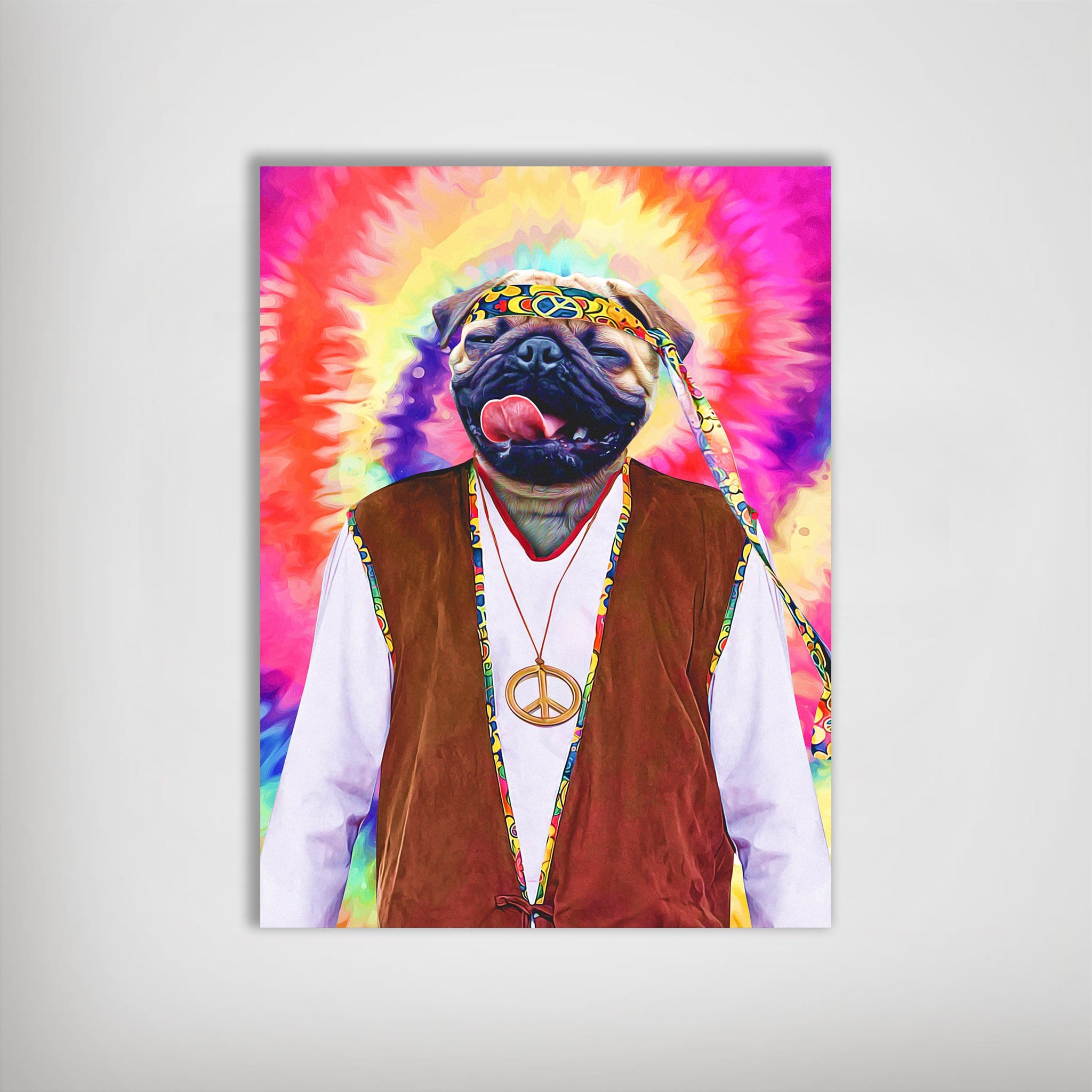 Personalized 'The Hippie (Male)' pug dog poster with a colorful tie-dye background and peace sign necklace.