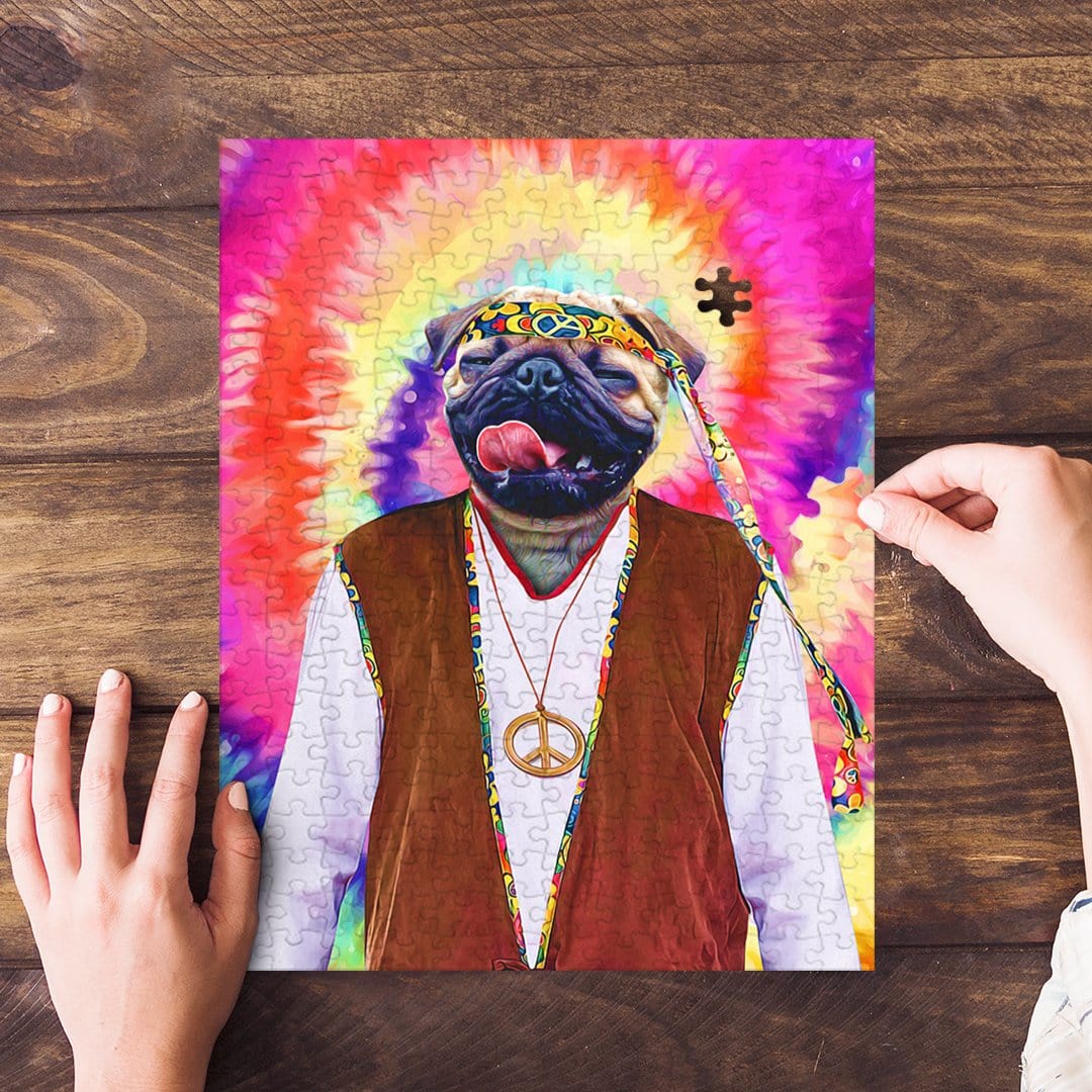 Personalized pug pet puzzle in a male hippie portrait style with a colorful tie-dye background.