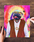 Personalized pug pet puzzle in a male hippie portrait style with a colorful tie-dye background.