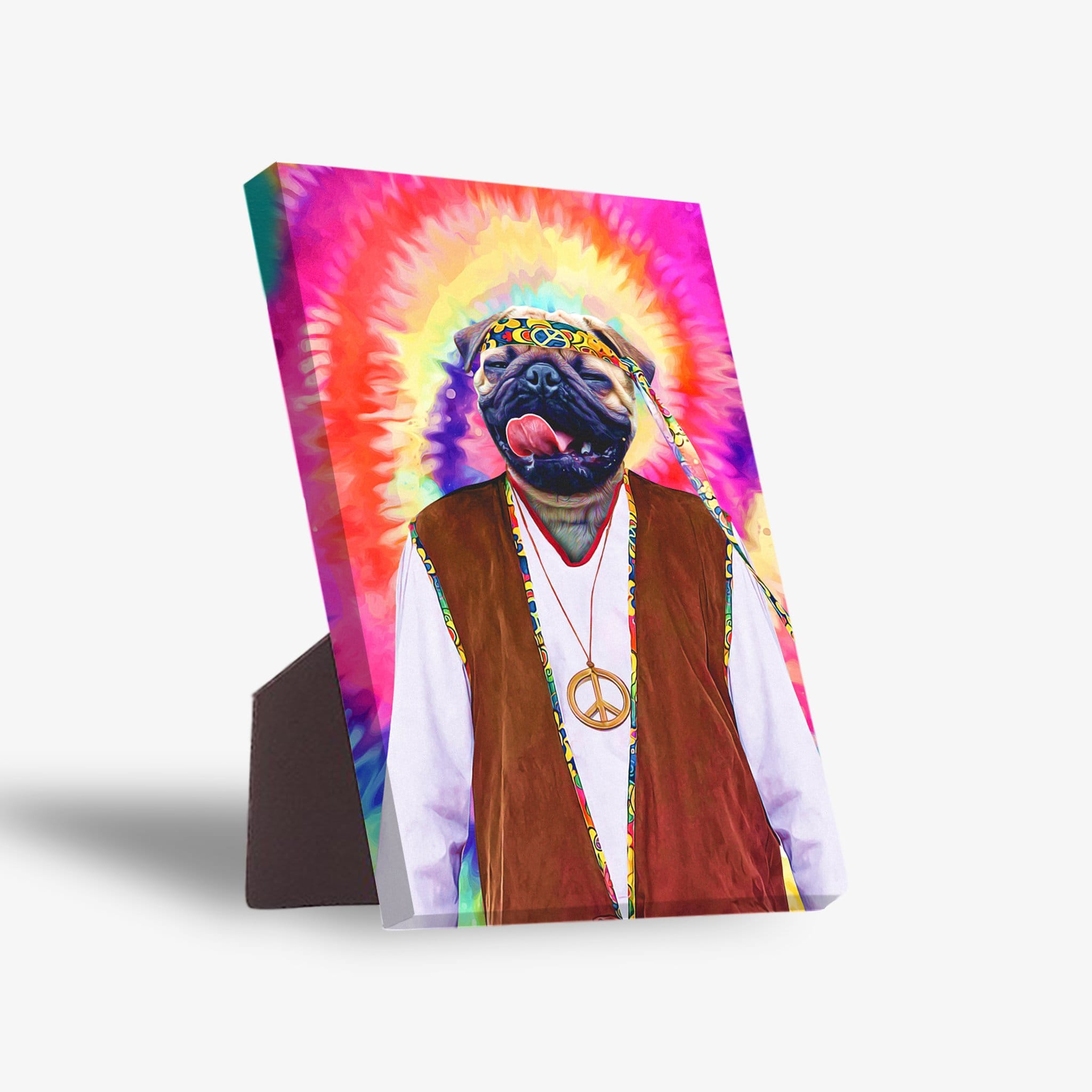 Personalized pet standing canvas featuring a pug in a hippie outfit with a tie-dye background.