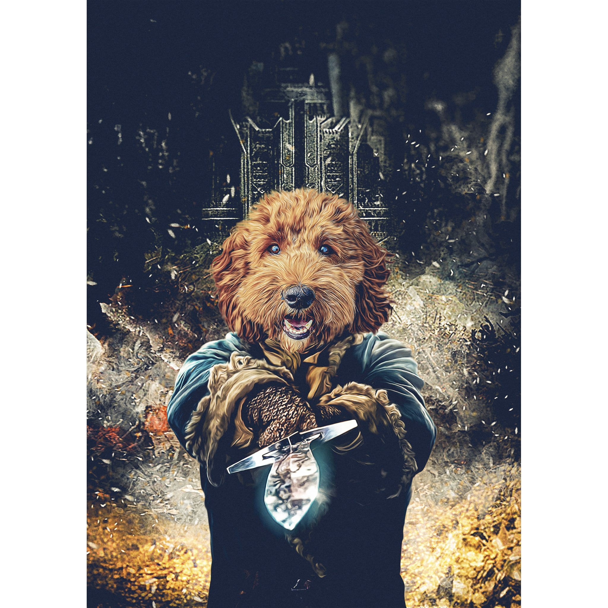 Personalized digital portrait of a brown dog as a fantasy warrior holding a glowing crystal.