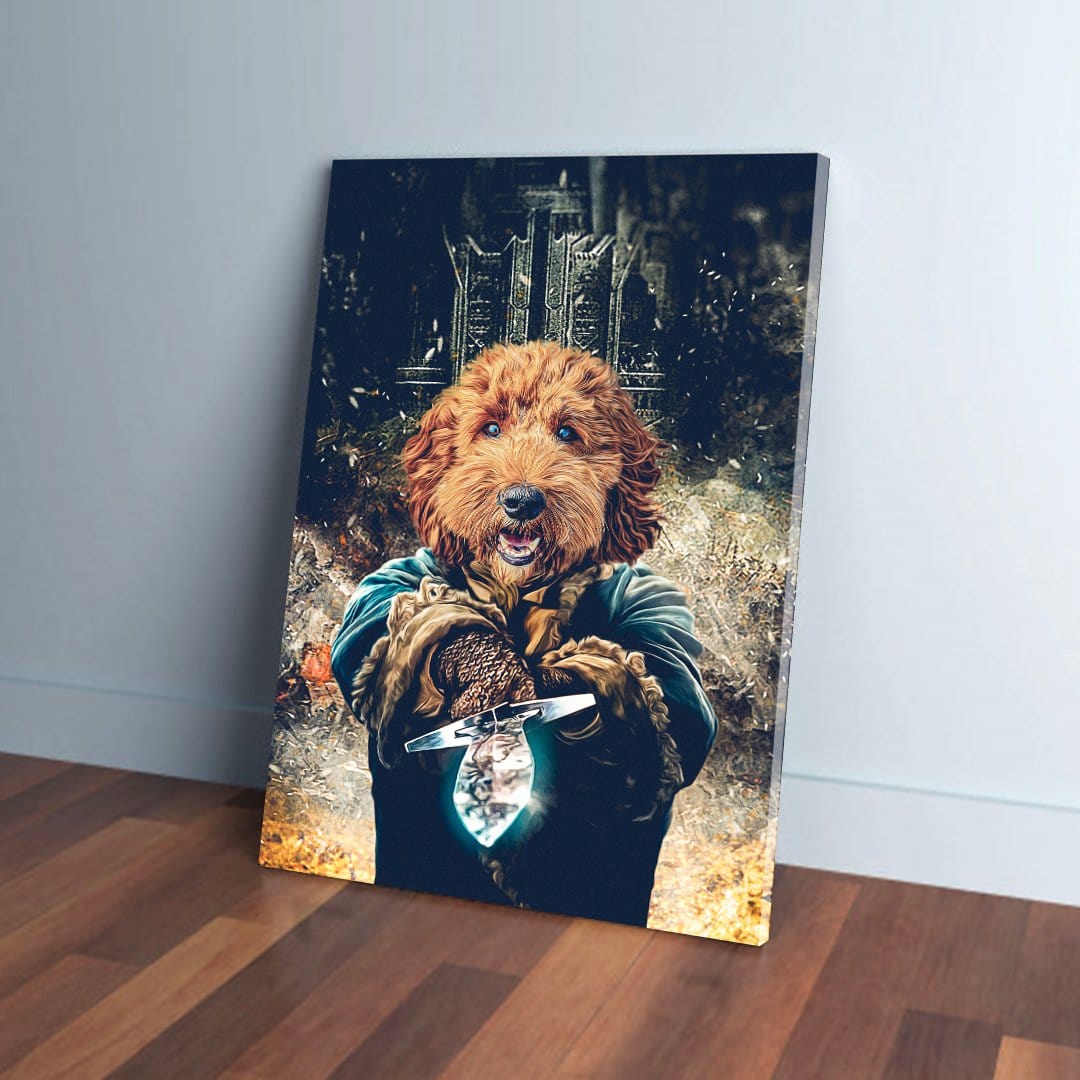 Custom pet canvas featuring a brown dog in a blue cloak, holding a glowing sword, against a dark, fiery background.