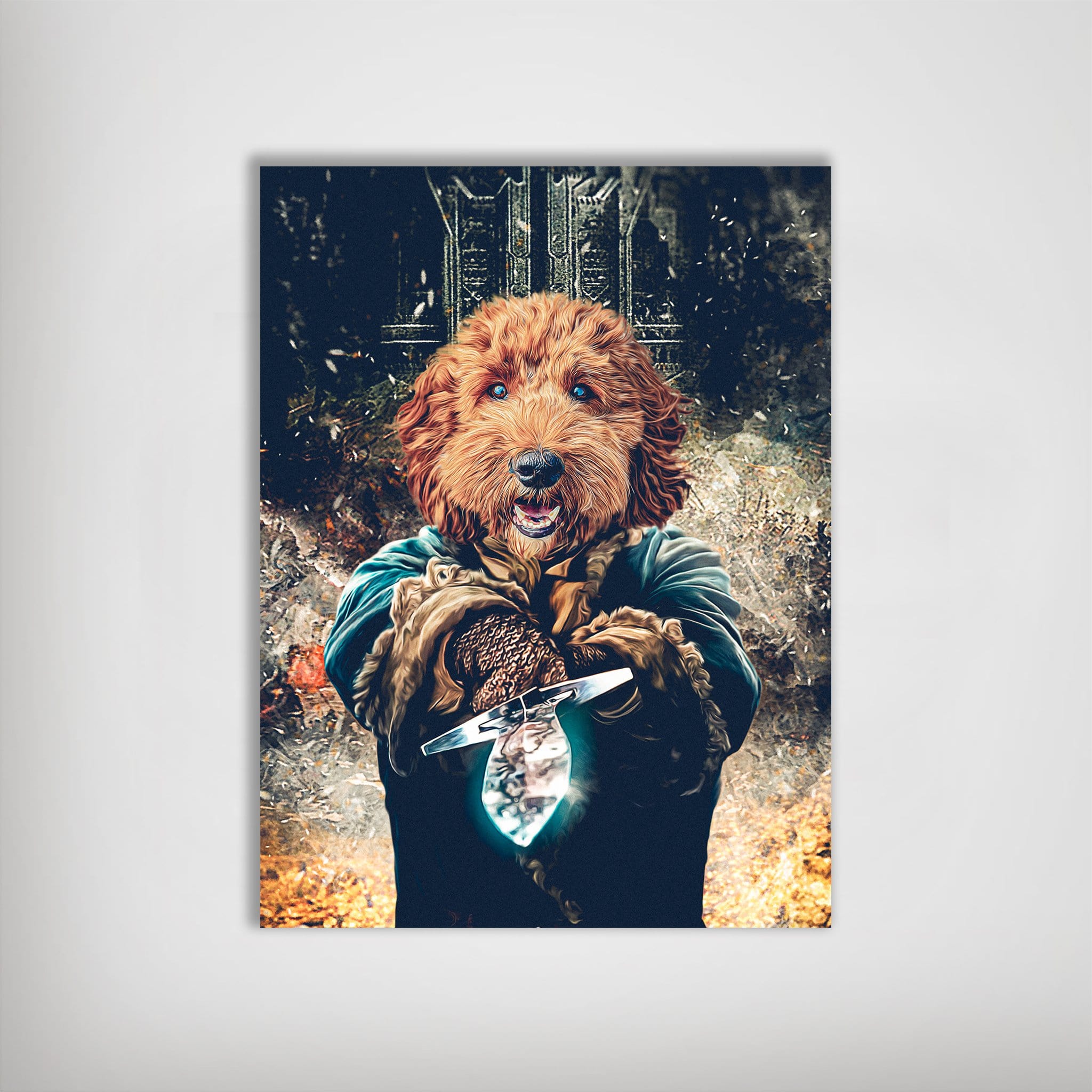 Custom pet portrait poster featuring a brown doodle dog as a fantasy character holding a glowing crystal.