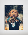 Custom pet portrait poster featuring a brown doodle dog as a fantasy character holding a glowing crystal.