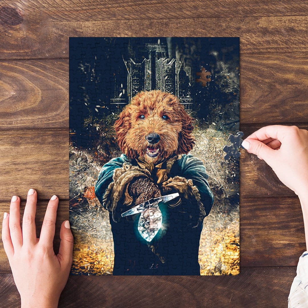 Personalized 'Hobdogg' pet puzzle featuring a custom dog portrait in a fantasy style.