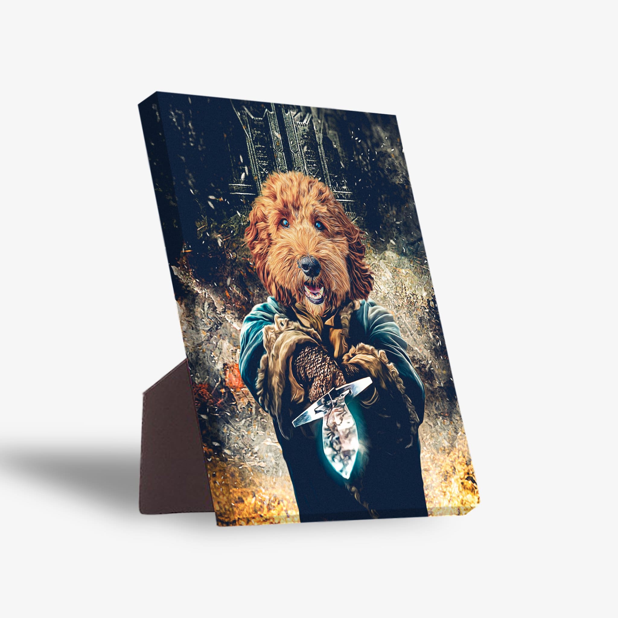 Personalized pet standing canvas featuring a dog's head on a warrior body holding a glowing sword.