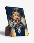 Personalized pet standing canvas featuring a dog's head on a warrior body holding a glowing sword.