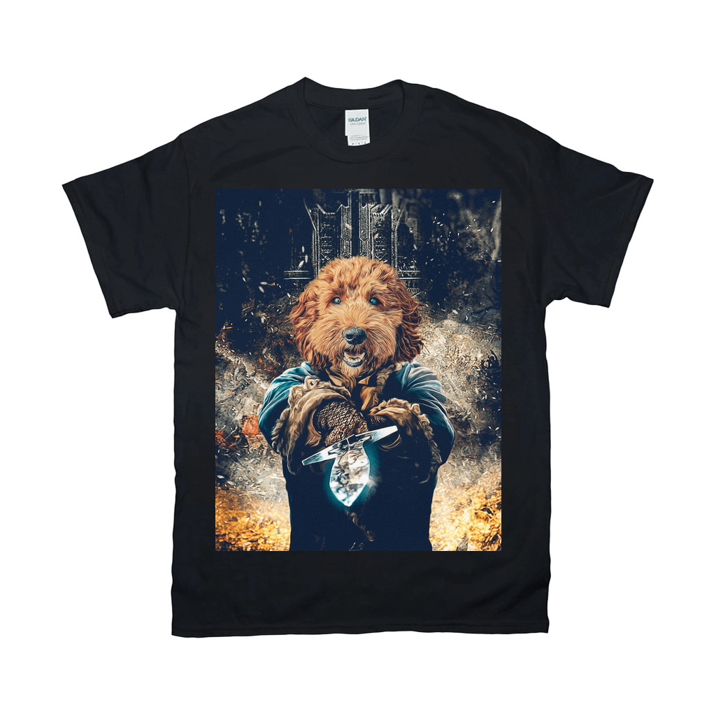 Black Gildan t-shirt with a custom graphic of a dog's head on a human body holding a glowing crystal.