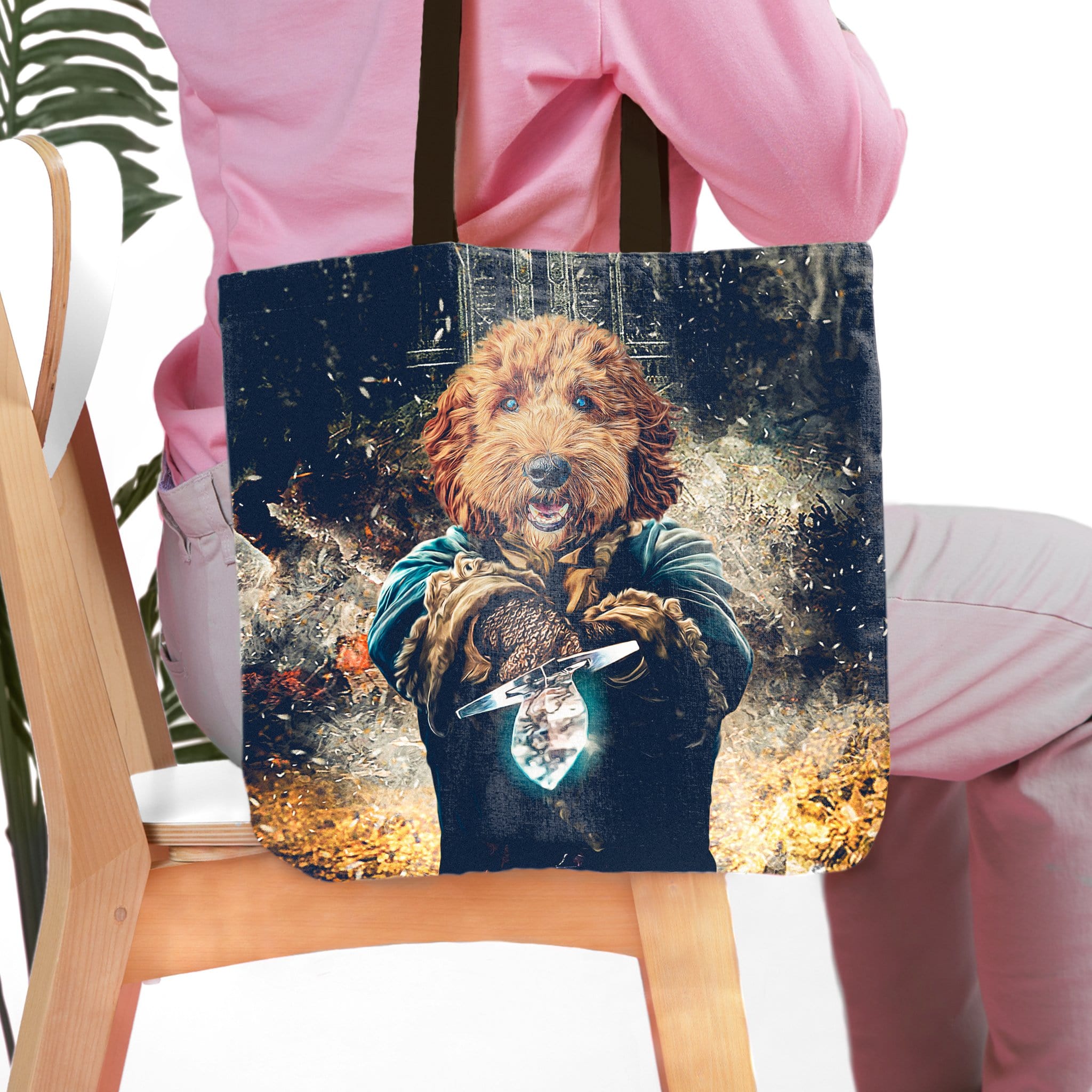 Personalized pet portrait tote bag featuring a dog in a royal renaissance style, dark background.