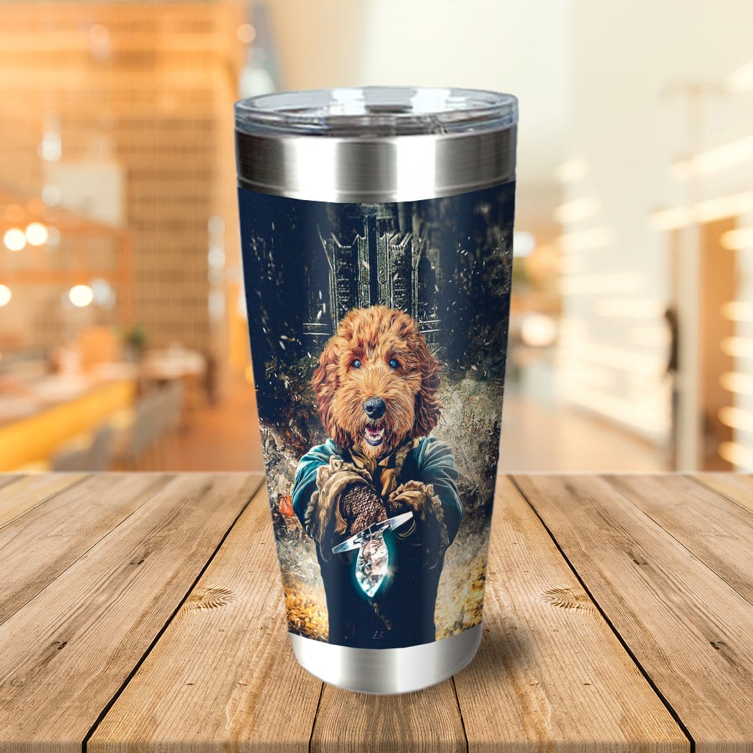 Personalized stainless steel tumbler with a custom renaissance-style portrait of a dog.