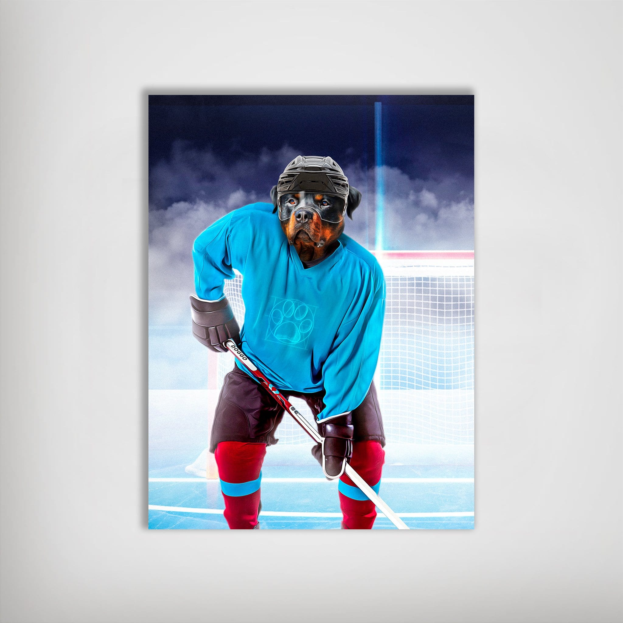 Personalized dog poster: Rottweiler in blue hockey jersey, black helmet, holding a stick on an ice rink.