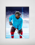 Personalized dog poster: Rottweiler in blue hockey jersey, black helmet, holding a stick on an ice rink.