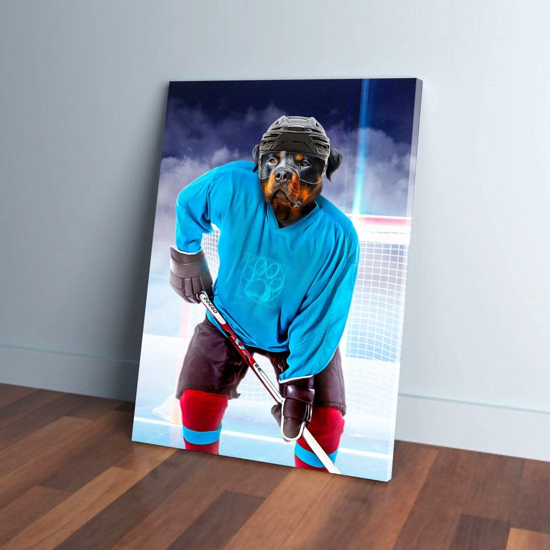 Personalized pet canvas featuring a Rottweiler in hockey gear, blue jersey, helmet, and stick, on ice.