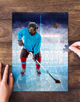 Personalized pet puzzle featuring a dog's head on a hockey player's body, on a wooden table.