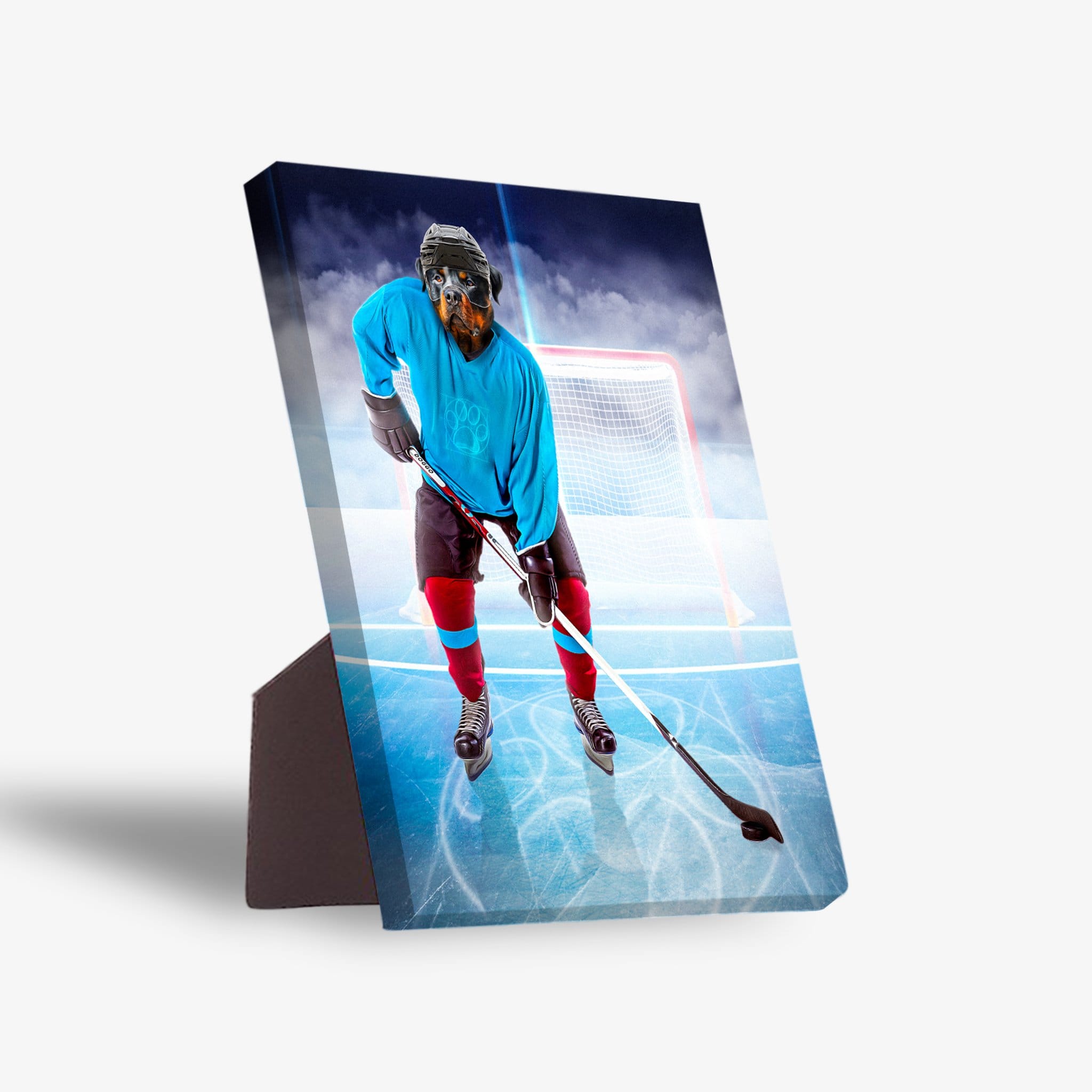 Personalized pet hockey player standing canvas featuring a Doberman in a blue jersey on an ice rink.