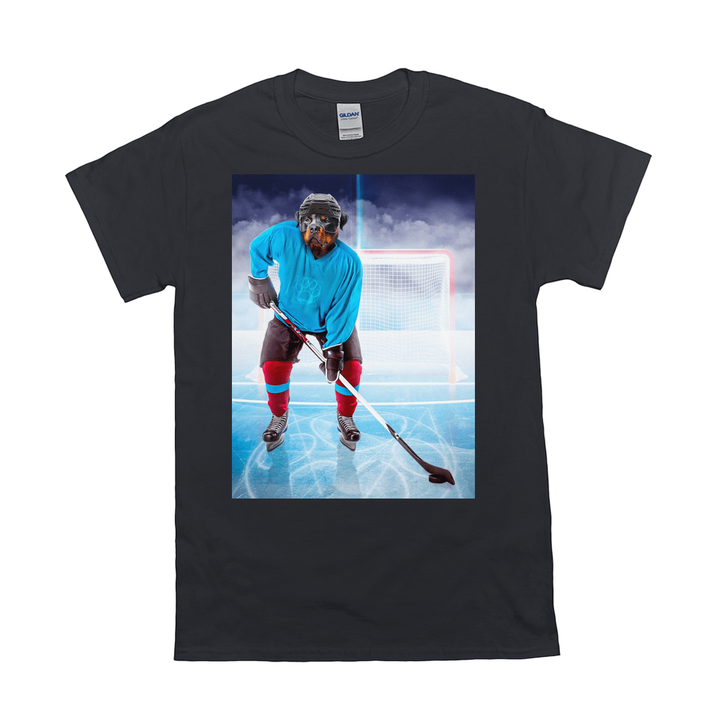 Black Gildan t-shirt with a brown dog in hockey gear on an ice rink, holding a stick.