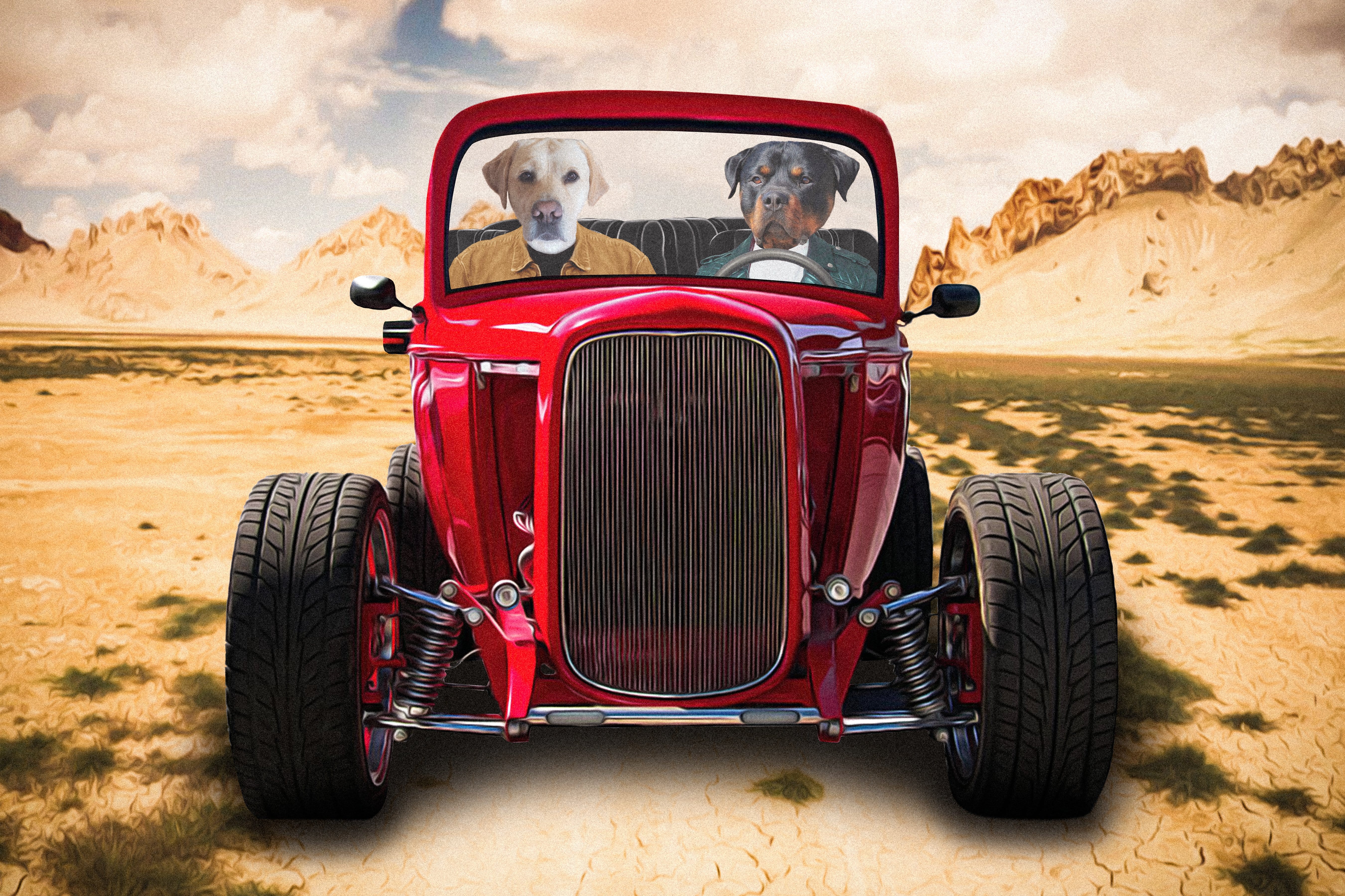 Custom digital portrait of two pets, a yellow lab and a rottweiler, in a red hot rod.
