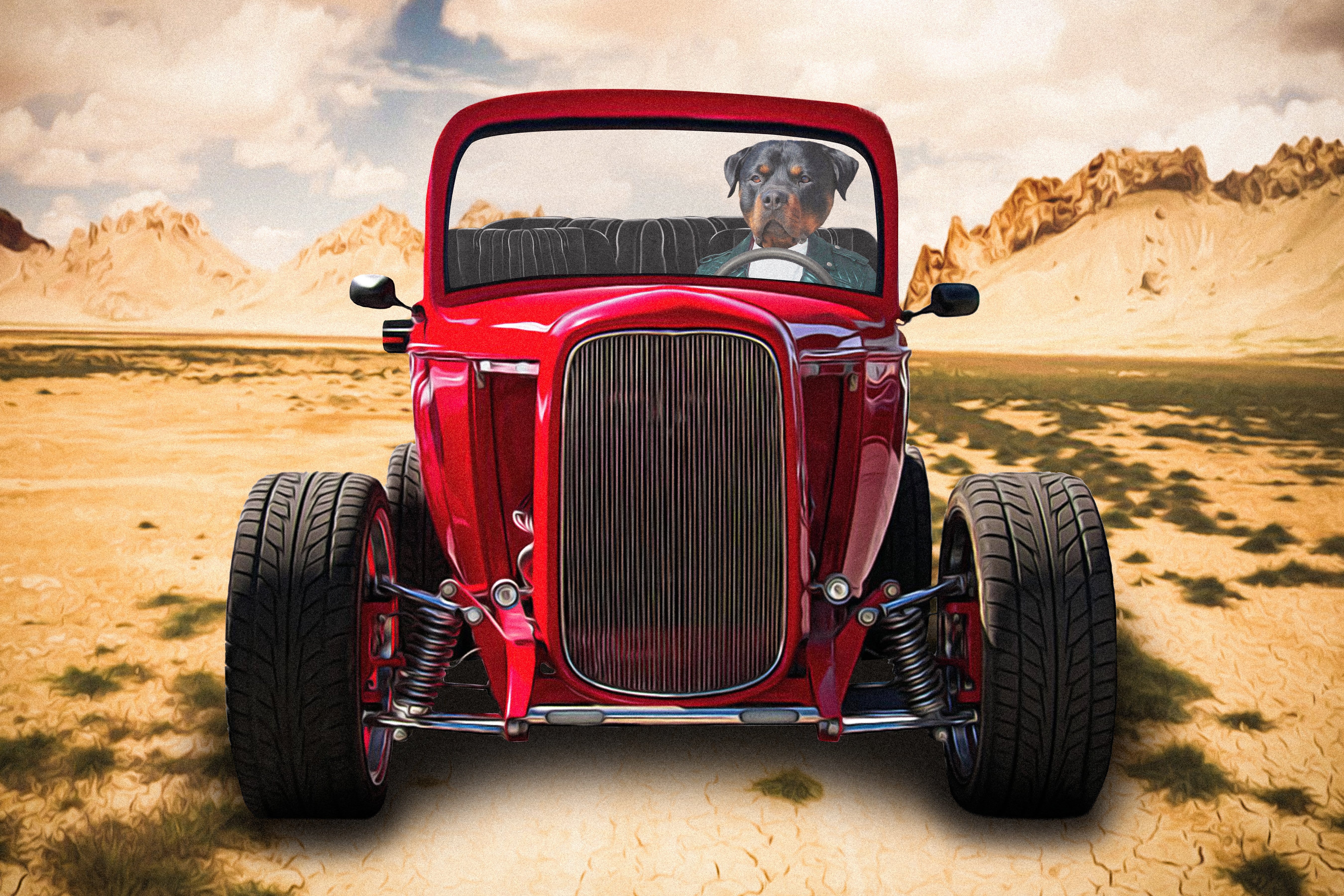 Custom digital portrait of a dog in a red hot rod, desert background.