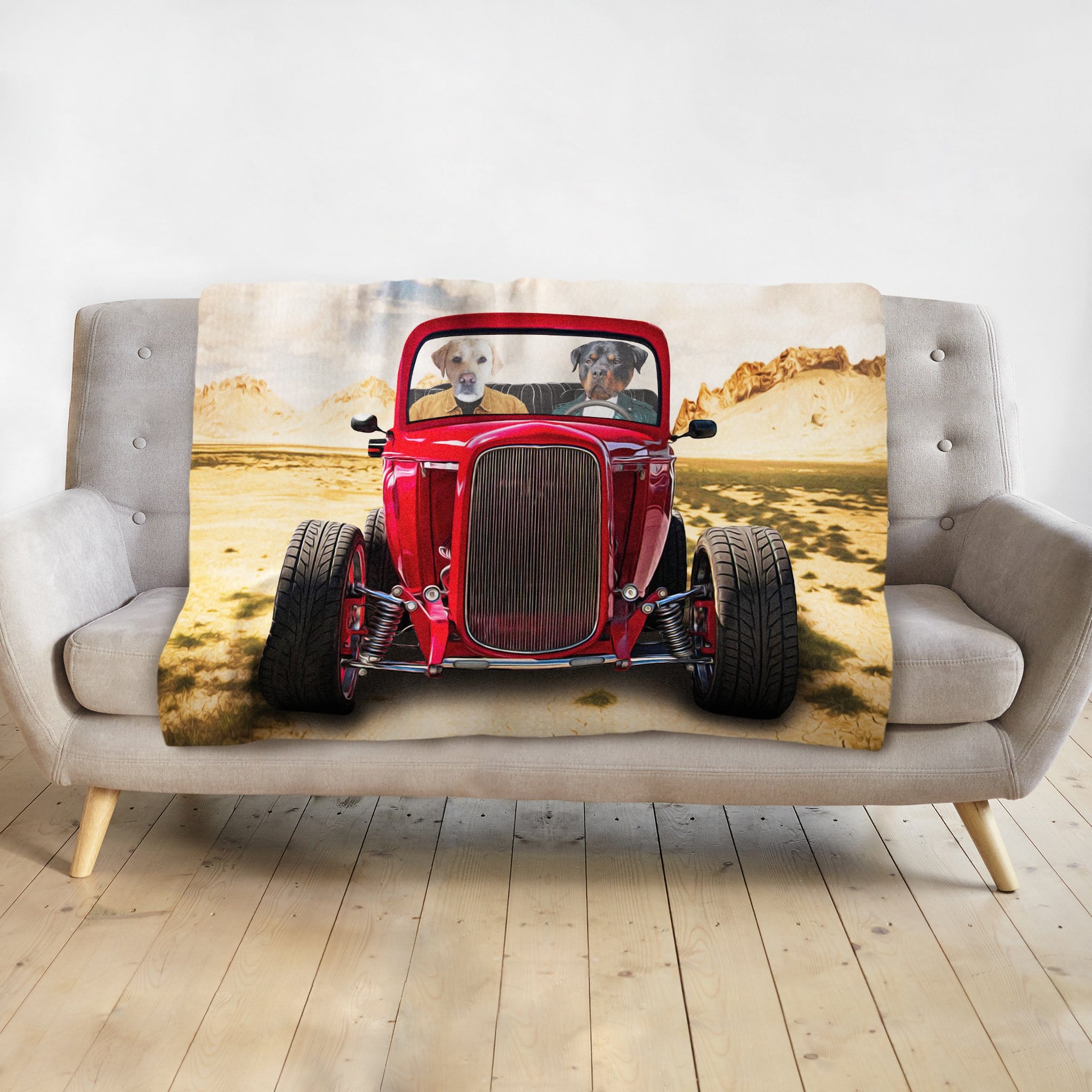 Personalized 2-pet blanket featuring dogs in a red hot rod car, desert background.