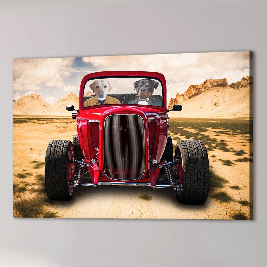 Custom 'Hot Rod' canvas featuring two dogs in a red vintage car, driving through a desert landscape.
