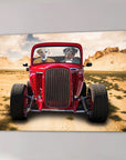 Custom 'Hot Rod' canvas featuring two dogs in a red vintage car, driving through a desert landscape.