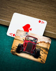 Personalized playing cards featuring two pets in a red hot rod, with an Ace of Hearts card.