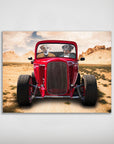 Personalized 'The Hot Rod' poster featuring two pets in a red vintage car in a desert landscape.