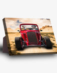 Personalized 'The Hot Rod' standing canvas featuring two pets in a red vintage car in a desert landscape.