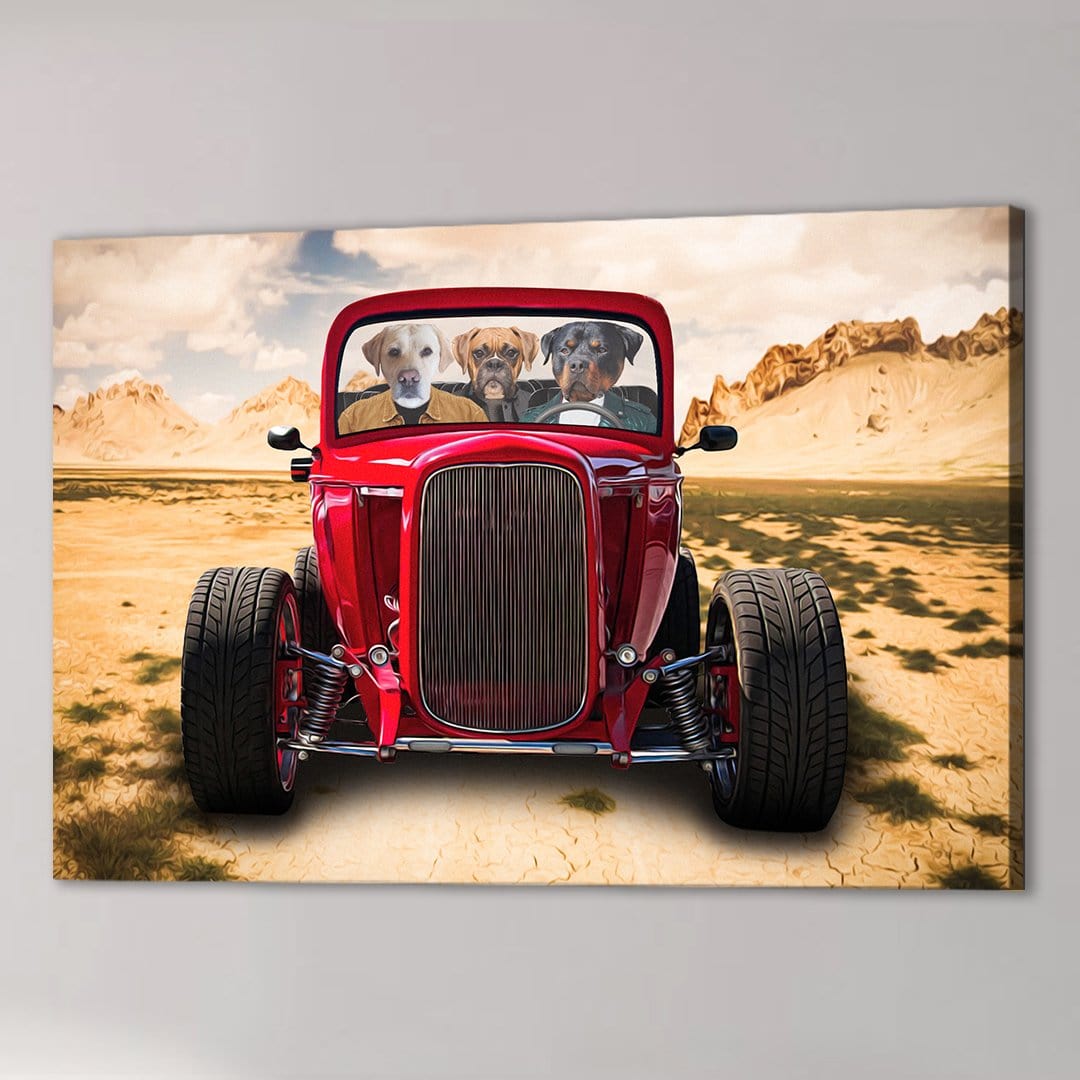 Personalized 'Hot Rod' canvas featuring three dogs in a red vintage car, driving through a desert landscape.