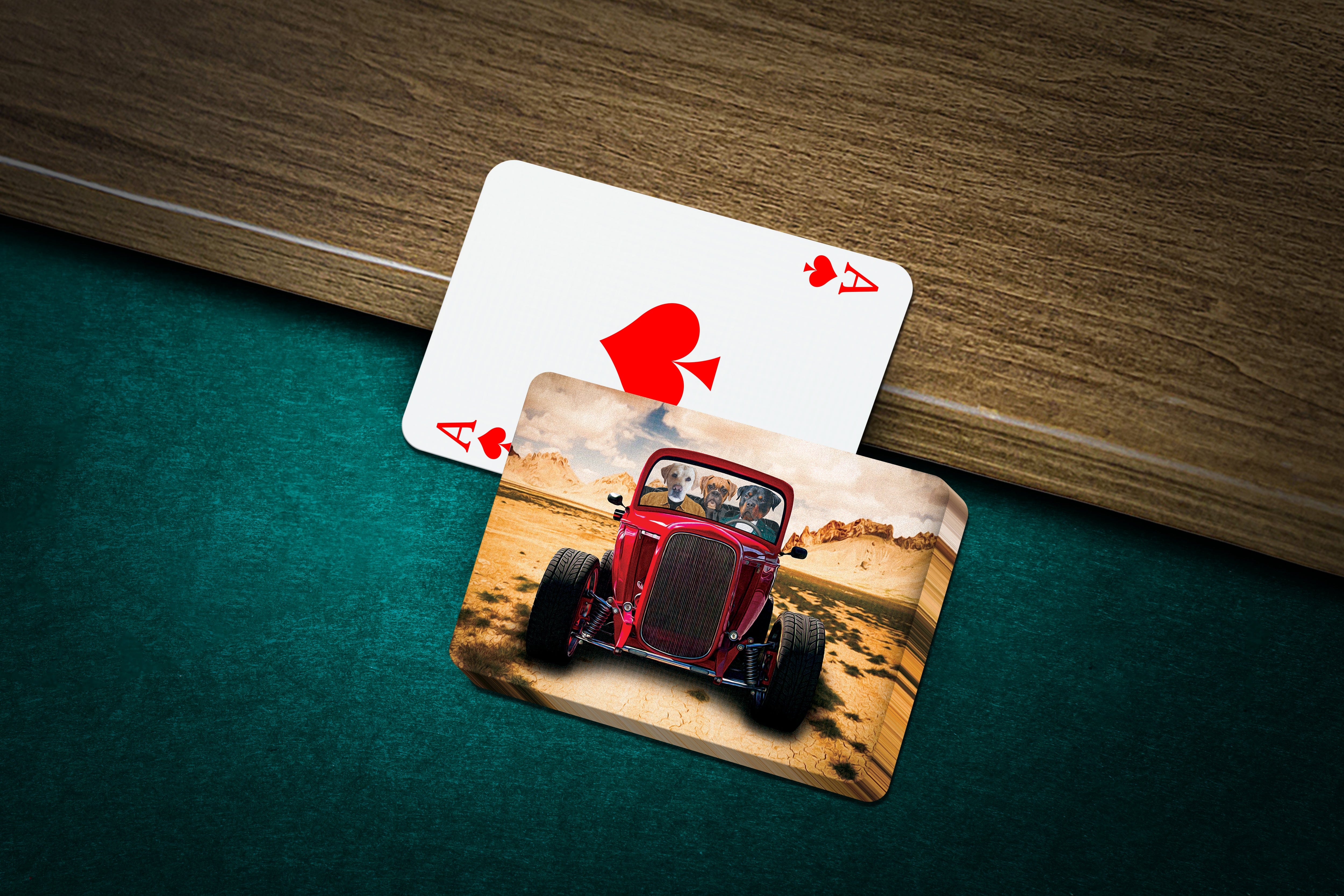 Personalized 'The Hot Rod' playing cards featuring three custom pet portraits in a red hot rod.