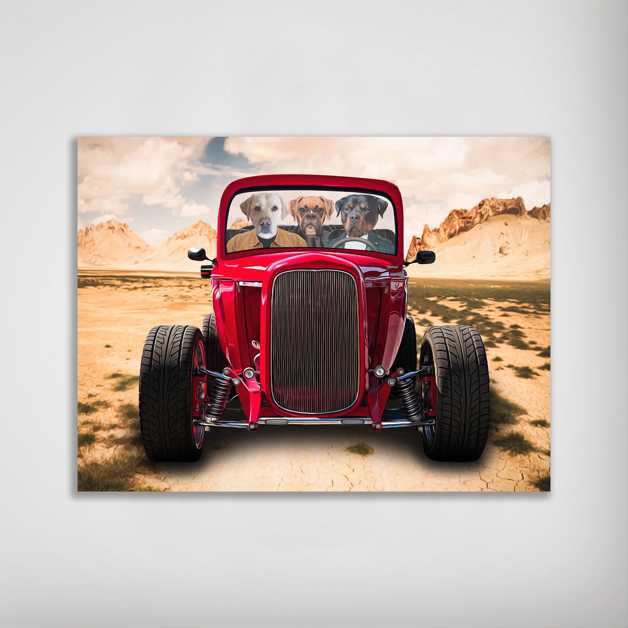 Personalized 'Hot Rod' poster featuring three dogs in a red vintage car driving through a desert landscape.
