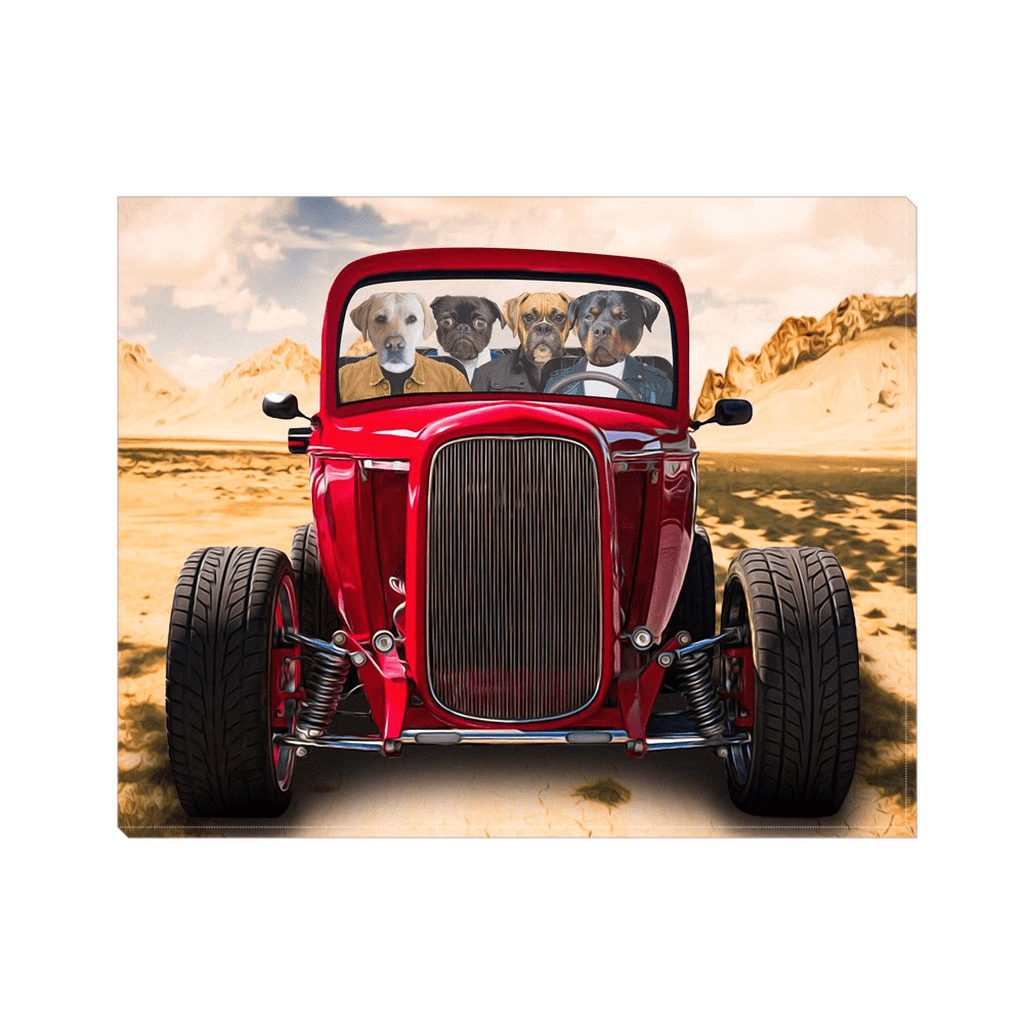 Four pets in a red vintage hot rod canvas, driving through a desert landscape.