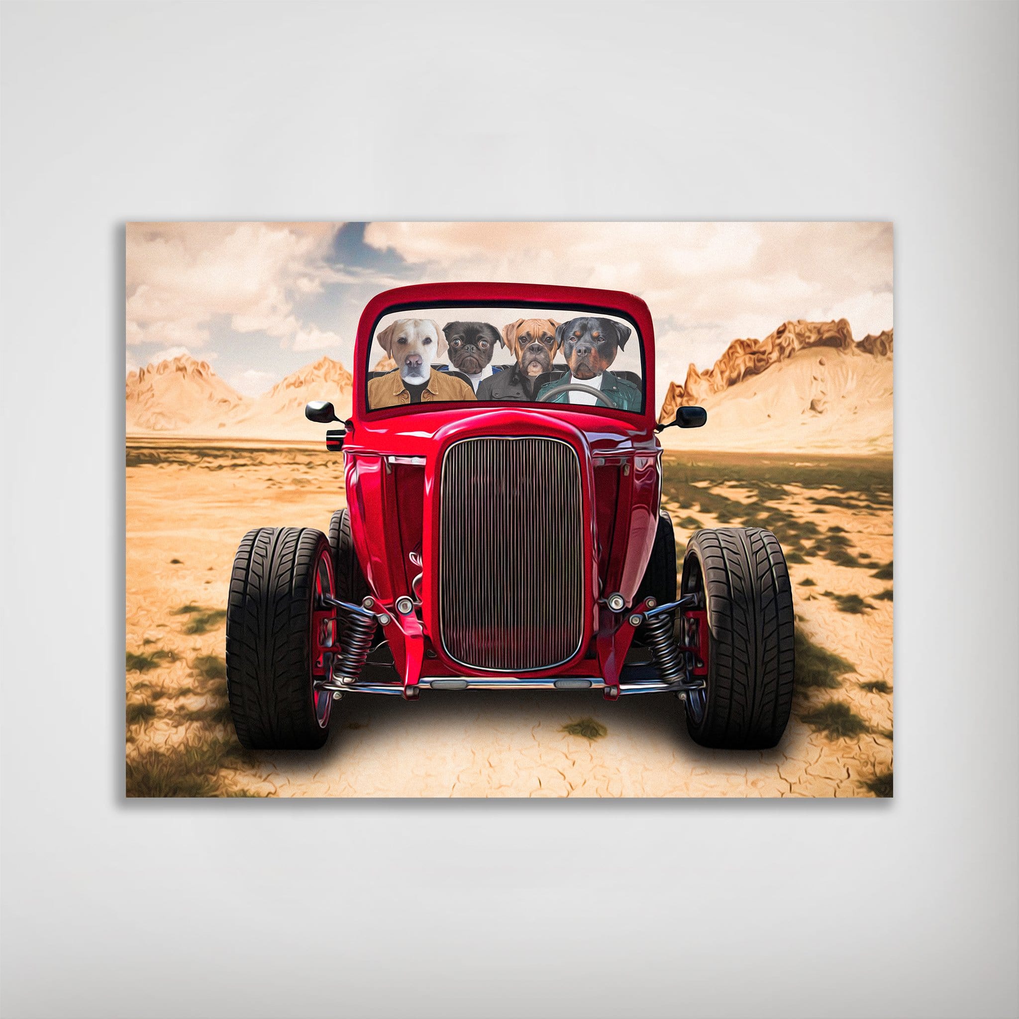 Personalized 'Hot Rod' poster featuring four pets in a red vintage car in a desert landscape.